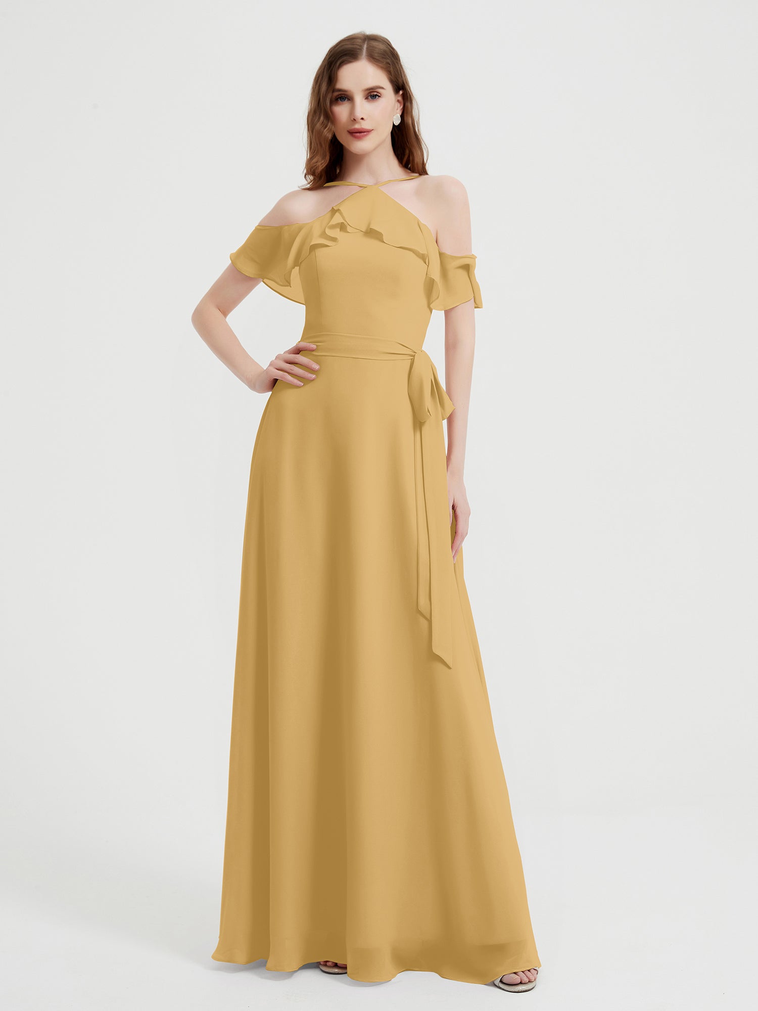 Y Neck Chiffon Dress with Ruffles Sleeves Gold